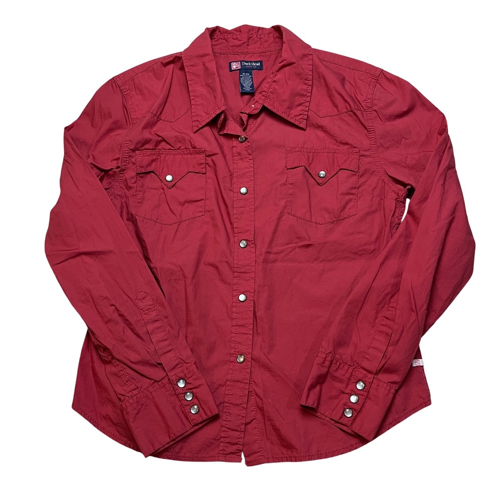 Duck Head Shirt Womens XL Red Western Pearl Snap Long Sleeve Cotton Casual 6771